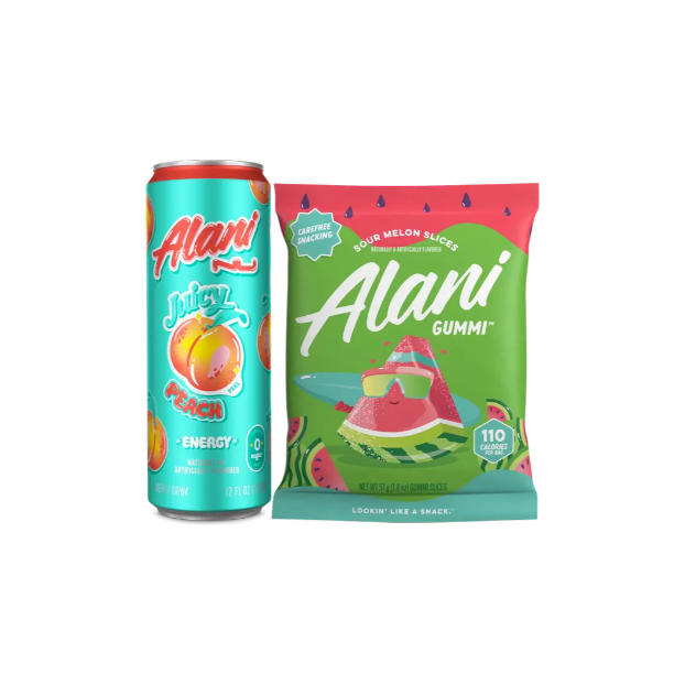 This image shows a can of Alani Nu Juicy Peach energy drink next to a package of Alani Nu Gummi Sour Melon Slices. The energy drink can is teal with peach illustrations, while the gummi package is green with a fun illustration of a watermelon slice wearing sunglasses and relaxing on a float. The branding emphasizes a carefree and fun snacking and drinking experience.