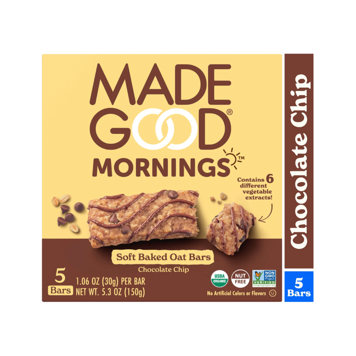 MadeGood Mornings Chocolate Chip Breakfast Bars, 5 Count