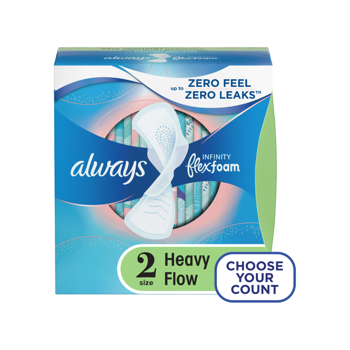 Always Infinity Feminine Pads with Wings, Size 2, Heavy Absorbency, Unscented, 32 Count