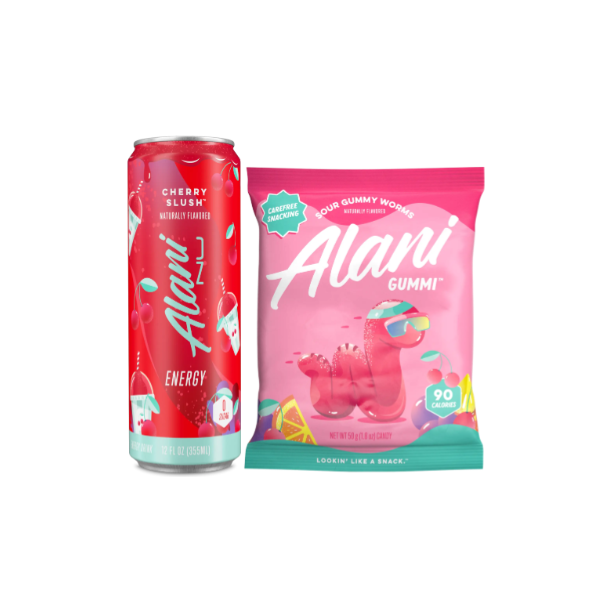 This image features a can of Alani Nu Cherry Slush Energy Drink next to a package of Alani Nu Sour Gummi Worms. The energy drink can is red with cherry illustrations, while the gummi package is pink with a playful illustration of a gummy worm wearing sunglasses and relaxing on a pool float. Both products emphasize a carefree and fun snacking and energy-boosting experience