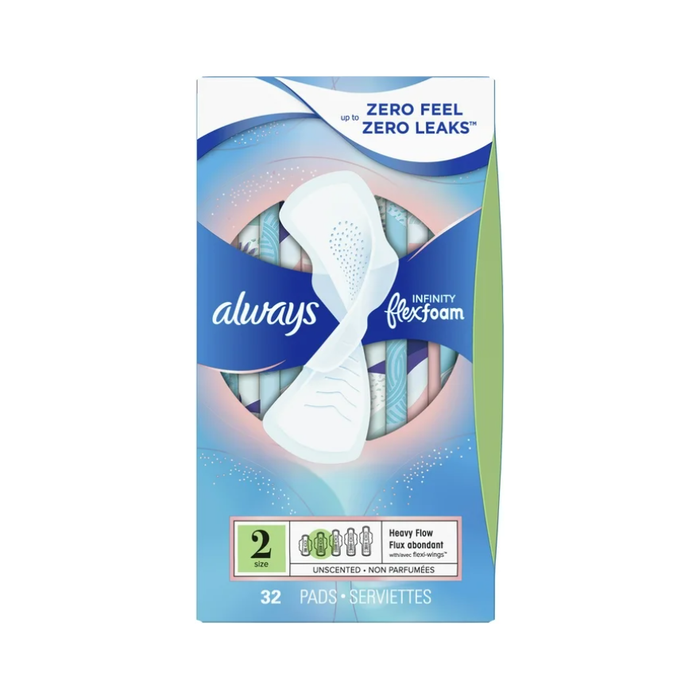 Always Infinity Feminine Pads with Wings, Size 2, Heavy Absorbency, Unscented, 32 Count