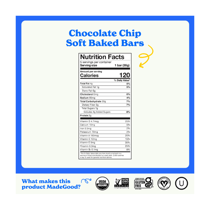 MadeGood Mornings Chocolate Chip Breakfast Bars, 5 Count