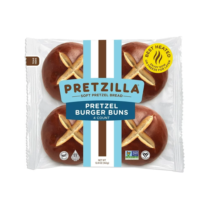 Pretzilla Soft Pretzel Burger Buns, Vegan, Non-GMO, 12.8 oz, 4 Count