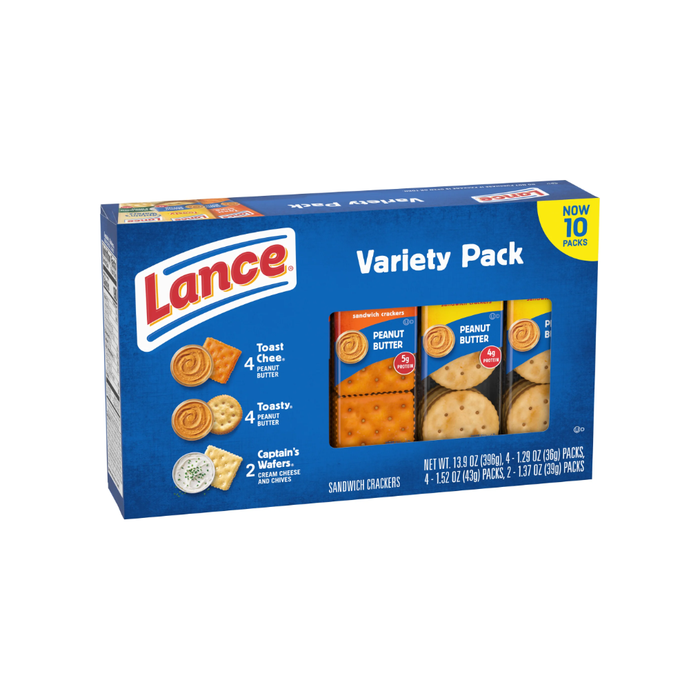 Lance Sandwich Crackers, Variety Pack, 3 Flavors, 10 Individually Wrapped Packs, 6 Sandwiches Each