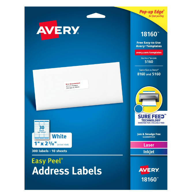 Avery Easy Peel Address Labels, Sure Feed Technology, White, 1" x 2-5/8", Laser, Inkjet, 300 Labels 0.352 lb