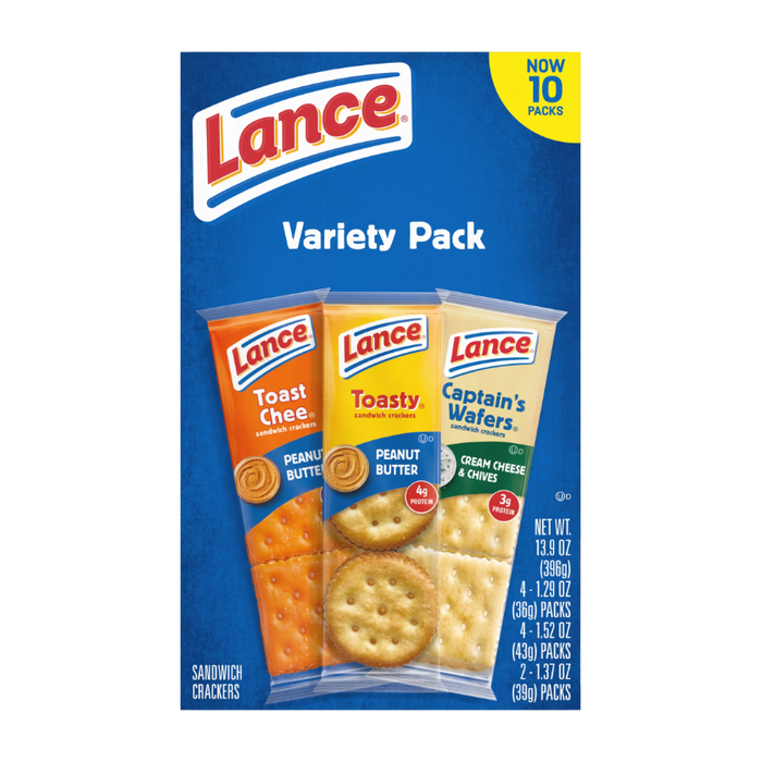 Lance Sandwich Crackers, Variety Pack, 3 Flavors, 10 Individually Wrapped Packs, 6 Sandwiches Each