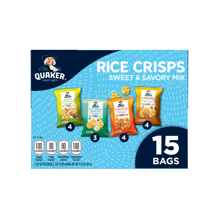 Quaker Rice Crisps Sweet & Savory Variety (Caramel, Cheddar, Apple Cinnamon, Ranch) 12 oz, 15 Count