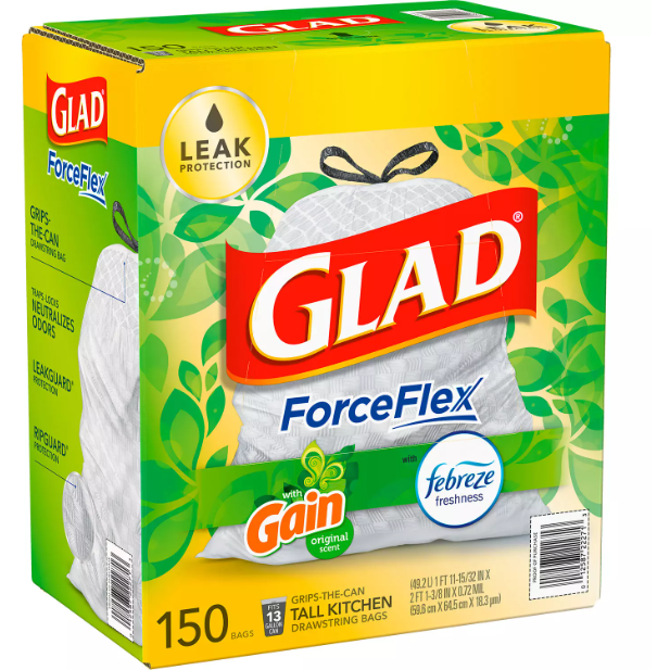 Glad ForceFlex 13 Gallon Tall Kitchen Drawstring Trash Bags, White -  100/Box 