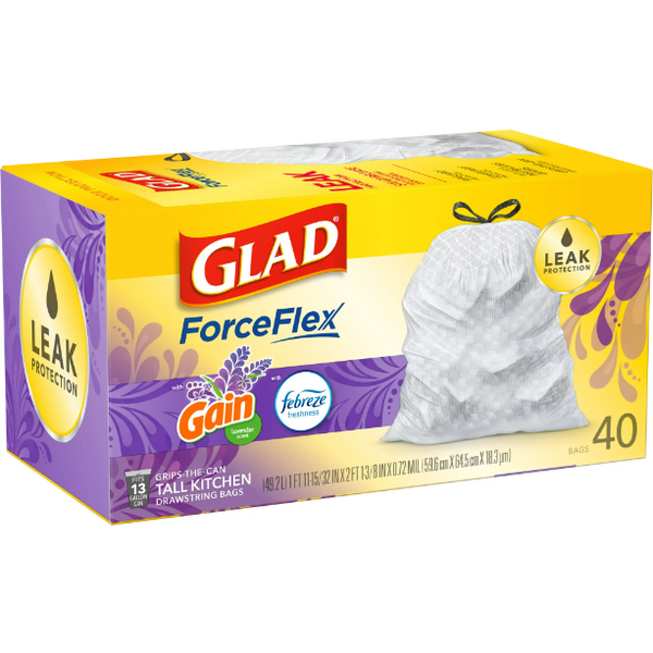 Glad ForceFlex 13 Gallon Tall Kitchen Trash Bags, Gain Lavender with  Febreze, 40 Bags